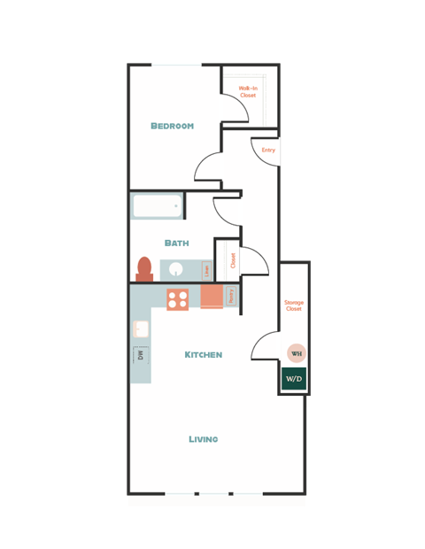 Floor plan for 1 bed, 1 bath, 765 sqft